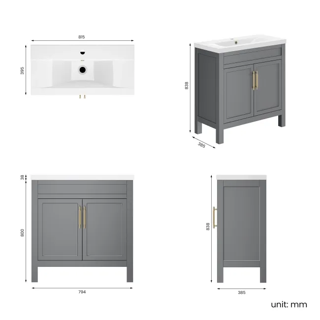 Bermuda Dove Grey Basin Vanity 800mm - Brass Knurled Handles