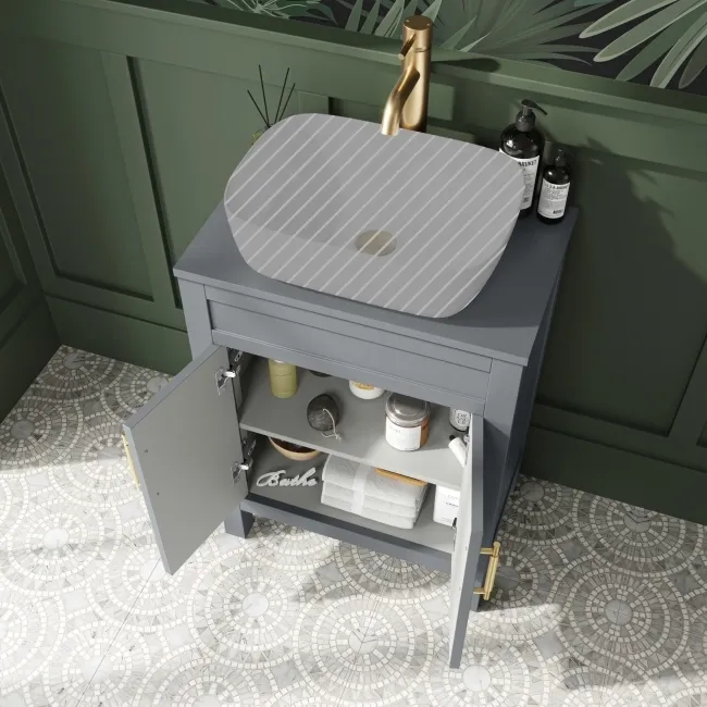 Bermuda Dove Grey Cabinet 600mm Excludes Counter Top Basin - Brass Knurled Handles