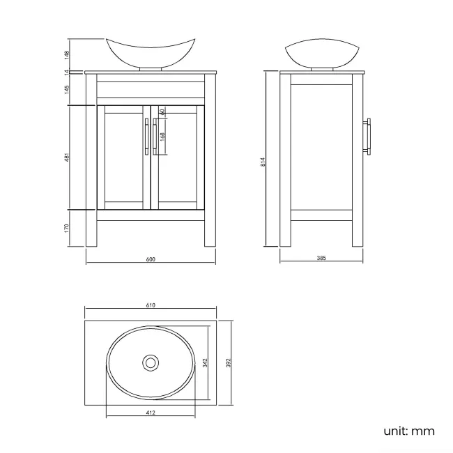 Bermuda Dove Grey Vanity with Marble Top & Oval Counter Top Basin 600mm - Brass Knurled Handles