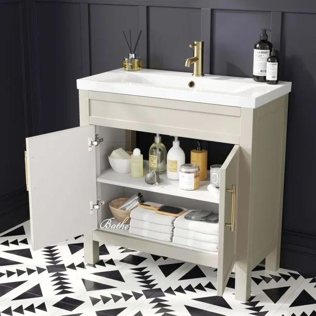 Bermuda Chalk White Basin Vanity 800mm - Brass Knurled Handles