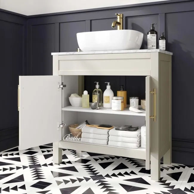Bermuda Chalk White Vanity with Marble Top & Curved Counter Top Basin 800mm - Brass Knurled Handles