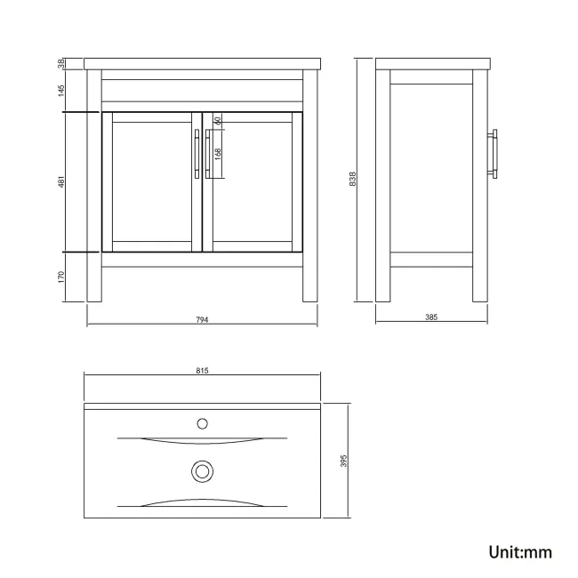 Bermuda Inky Blue Basin Vanity 800mm - Brass Knurled Handles