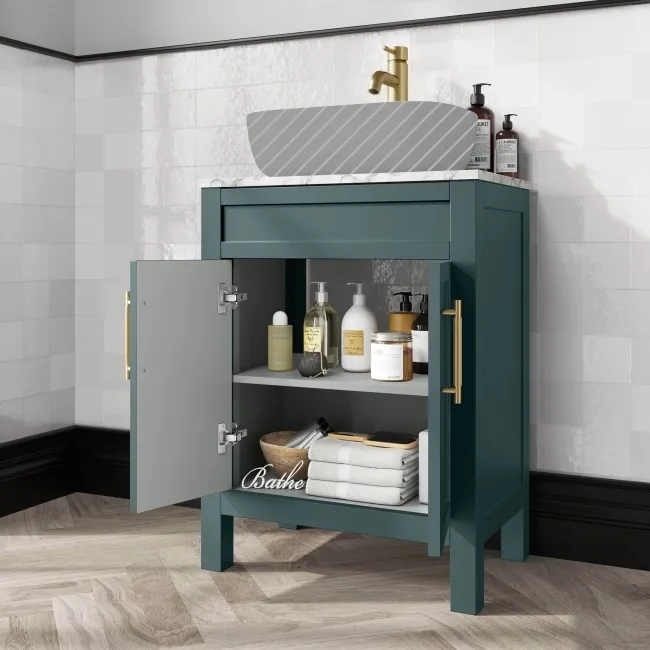 Bermuda Midnight Green Cabinet with Marble Top 600mm Excludes Counter Top Basin - Brass Knurled Handles