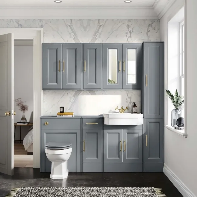 Dove Grey Wall Hung Mirror Cabinet 700x600mm - Brass Knurled Handles