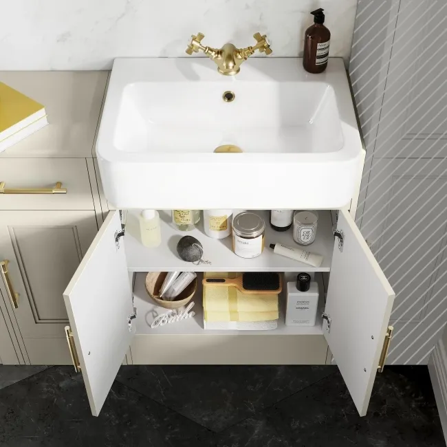 Monaco Chalk White Combination Vanity Basin 1500mm (Excludes Pan & Cistern) - Brass Knurled Handles