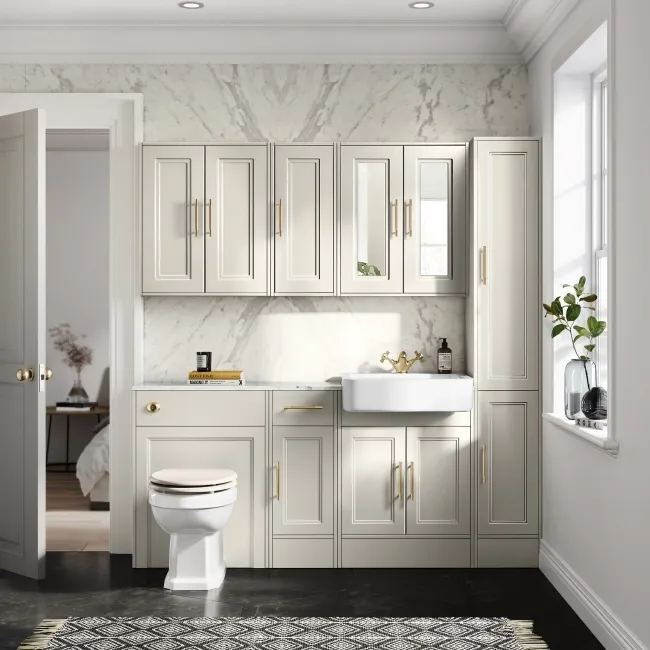 Monaco Chalk White Combination Vanity Basin with Marble Top 1500mm (Excludes Pan & Cistern) - Brass Knurled Handles