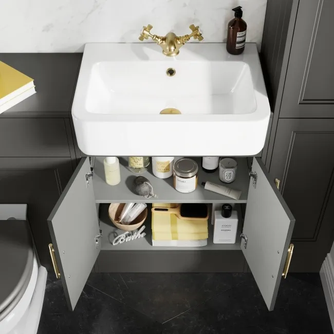 Monaco Graphite Grey Basin Vanity 600mm - Brass Knurled Handles
