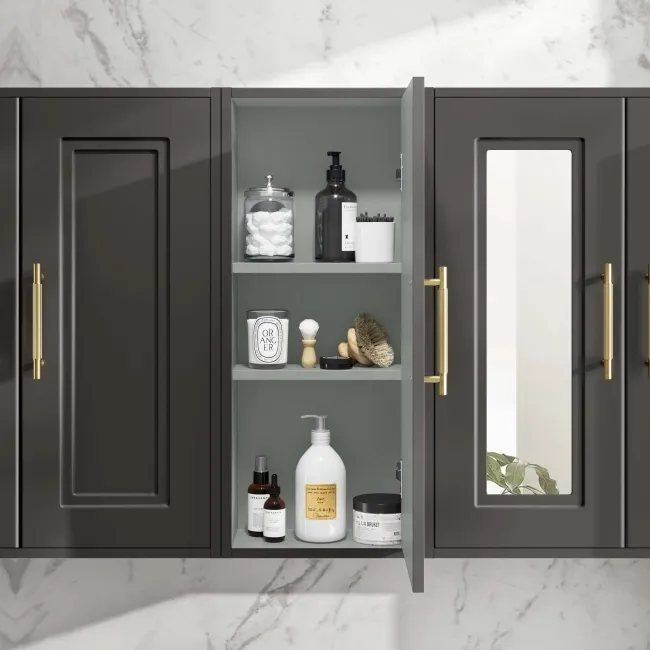 Graphite Grey Wall Hung Cabinet 700x300mm - Brass Knurled Handles