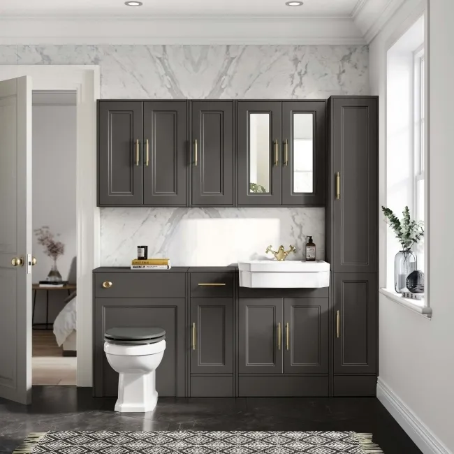 Graphite Grey Wall Hung Cabinet 700x600mm - Brass Knurled Handles