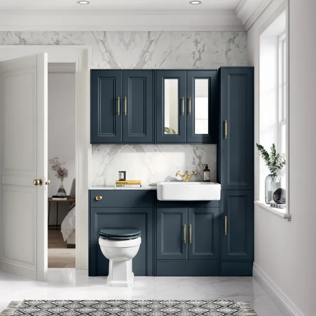 Monaco Inky Blue Combination Vanity Basin with Marble Top 1200mm (Excludes Pan & Cistern) - Brass Knurled Handles