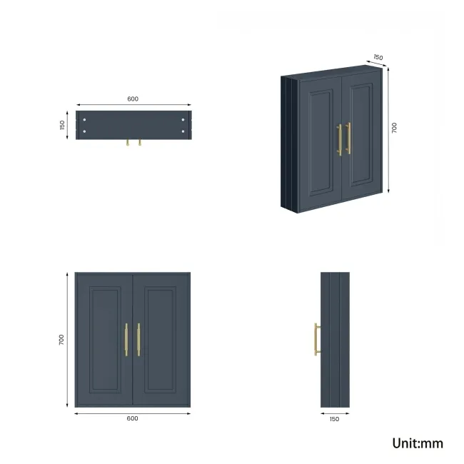 Inky Blue Wall Hung Cabinet 700x600mm - Brass Knurled Handles