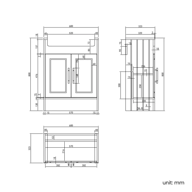 Monaco Midnight Green Basin Vanity 600mm - Brass Knurled Handles