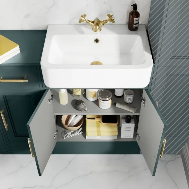 Monaco Midnight Green Basin Vanity and Back To Wall Unit 1500mm (Excludes Pan & Cistern) - Brass Knurled Handles