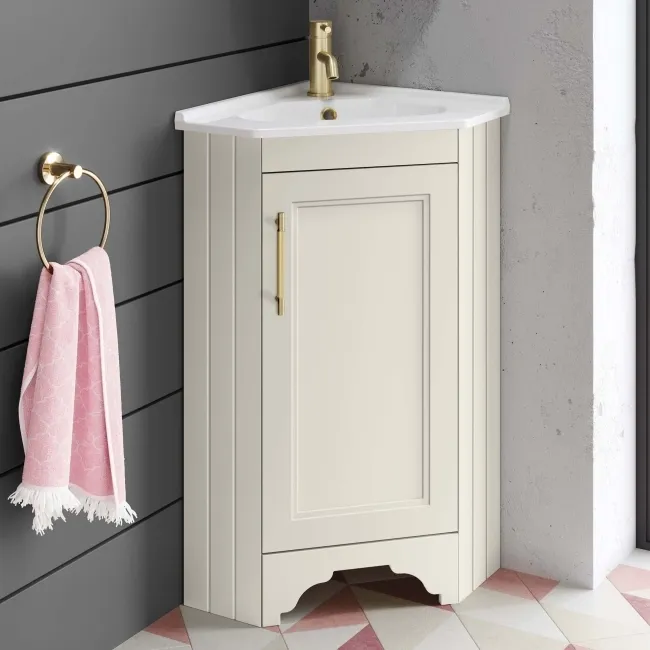 Lucia Chalk White Corner Basin Vanity 400mm - Brass Knurled Handle