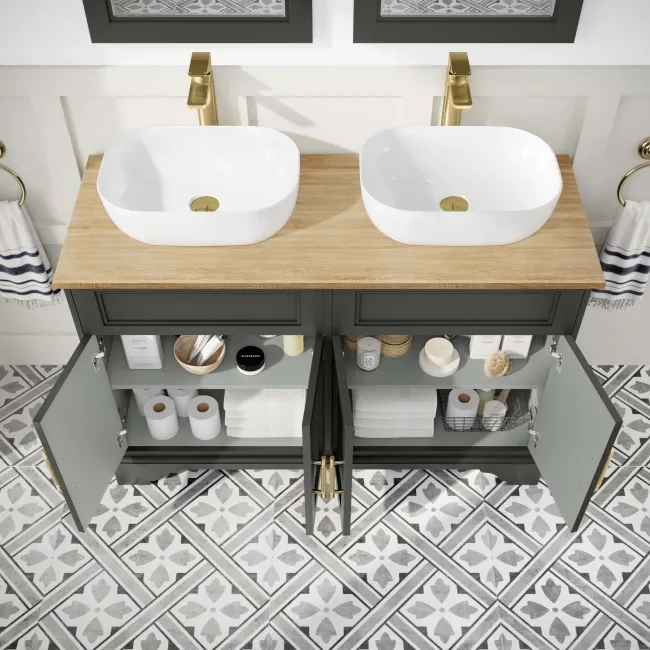 Lucia Graphite Grey Double Vanity with Oak Effect Top & Curved Counter Top Basin 1200mm - Brass Knurled Handles