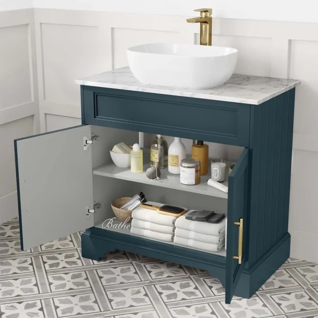Lucia Inky Blue Vanity with Marble Top & Curved Counter Top Basin 840mm - Brass Knurled Handles