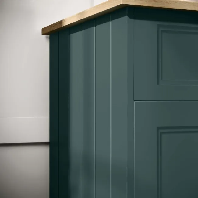 Lucia Midnight Green Vanity with Oak Effect Top & Curved Counter Top Basin 640mm - Brass Knurled Handles
