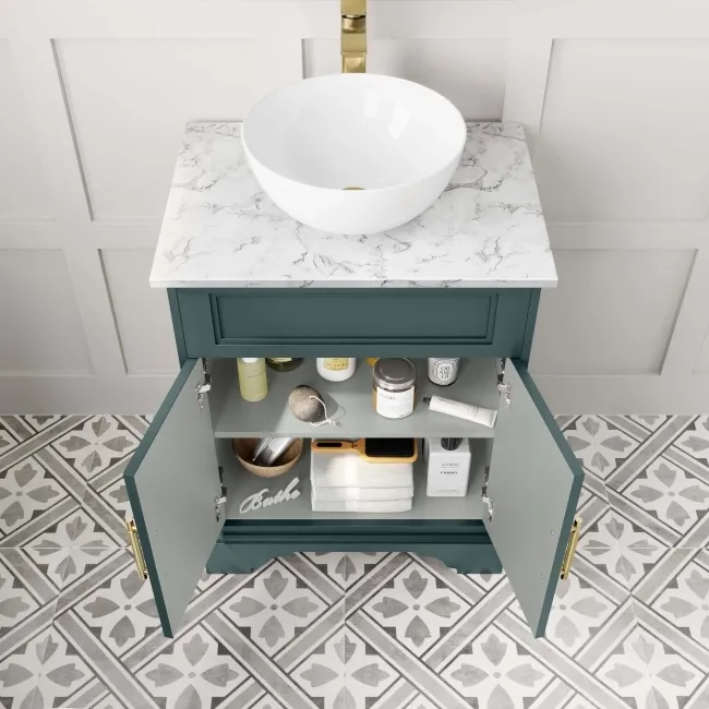 Lucia Midnight Green Vanity with Marble Top & Round Counter Top Basin 640mm - Brass Knurled Handles