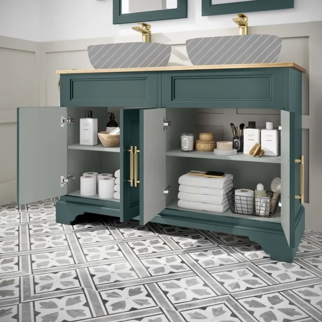 Lucia Midnight Green Cabinet with Oak Effect Top 1200mm (Excludes Counter Top Basins) - Brass Knurled Handles