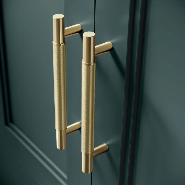 Lucia Midnight Green Cabinet with Oak Effect Top 1200mm (Excludes Counter Top Basins) - Brass Knurled Handles