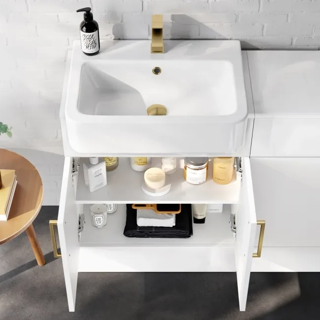 Harper Gloss White Vanity with Semi Recessed Basin 600mm - Brushed Brass Accents