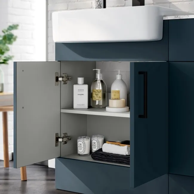 Harper Navy Blue Basin Vanity with Marble Top & Back To Wall Unit 1200mm (Excludes Toilet) - Black Accents