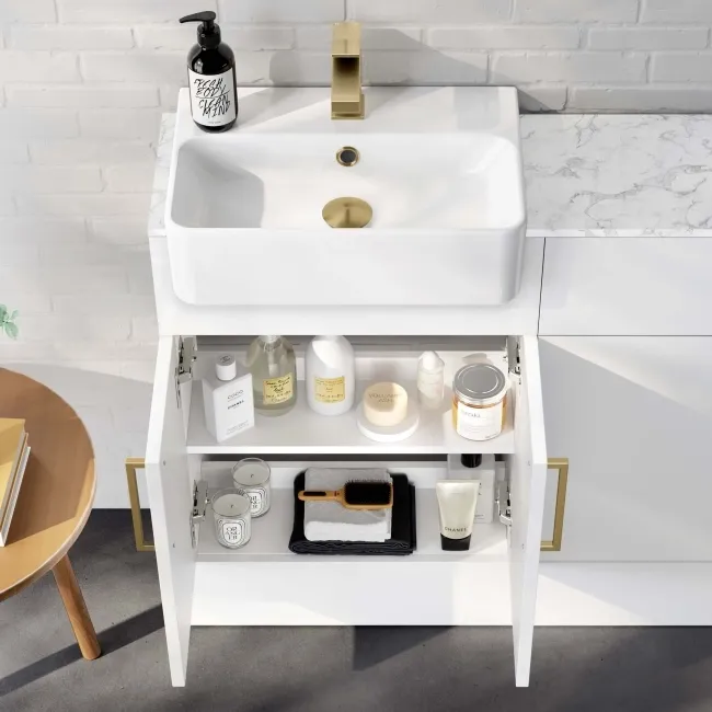 Harper Gloss White Basin Vanity With Marble Top and Back To Wall Toilet Unit 1000mm (Excludes Toilet) - Brushed Brass Accents