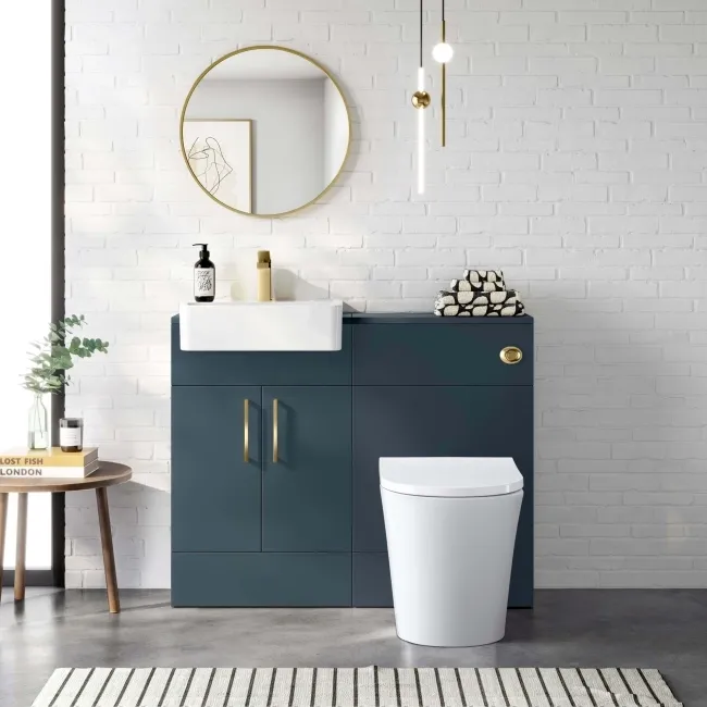 Harper Navy Blue Vanity with Semi Recessed Basin 500mm - Brushed Brass Accents