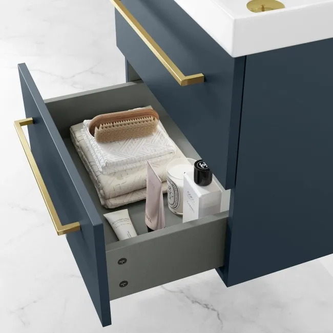 Elba Inky Blue Wall Hung Basin Drawer Vanity 500mm - Brushed Brass Accents