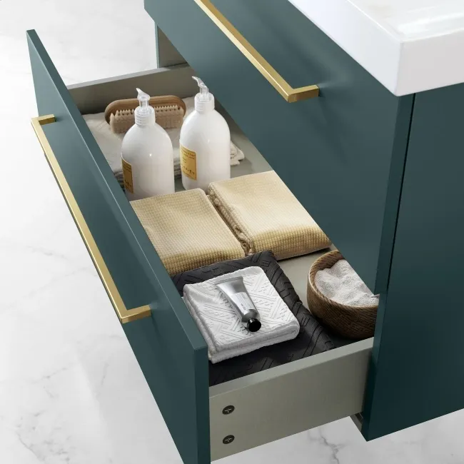 Elba Midnight Green Wall Hung Basin Drawer Vanity 800mm - Brushed Brass Accents