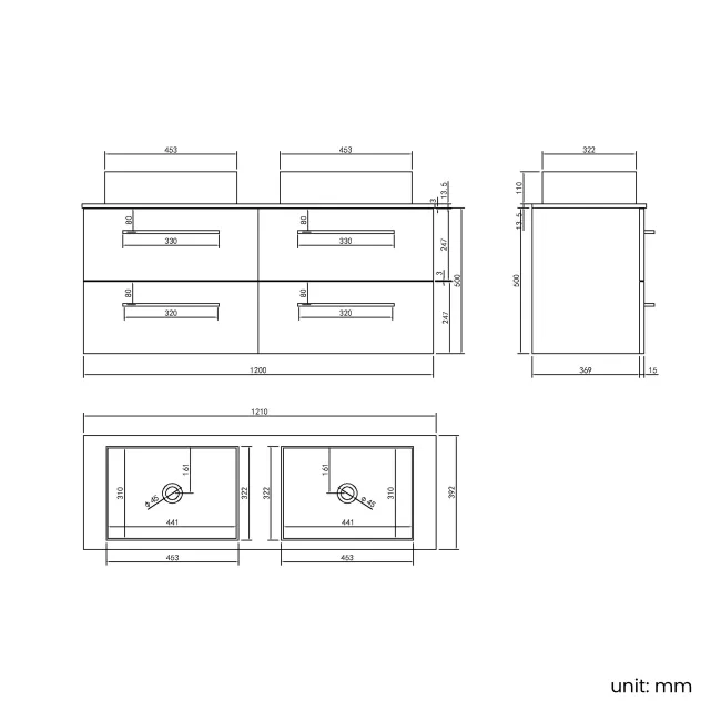 Elba Charcoal Elm Double Wall Hung Drawer Vanity with Marble Top & Cody Basin 1200mm - Black Accents