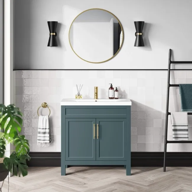 Bermuda Midnight Green Basin Vanity 800mm - Brass Knurled Handles