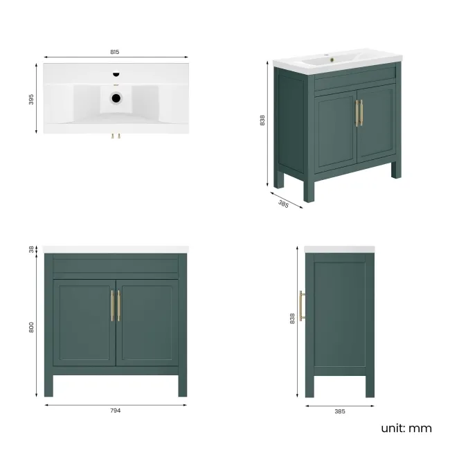 Bermuda Midnight Green Basin Vanity 800mm - Brass Knurled Handles