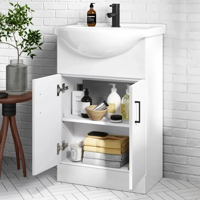 Quartz Gloss White Vanity with Semi Recessed Basin 550mm - Black Accents