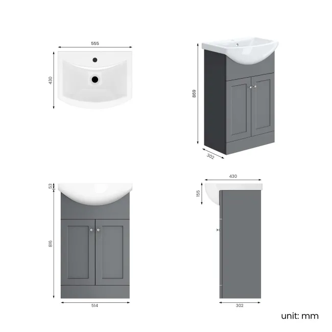 Capri Fog Grey Vanity with Semi Recessed Basin 550mm - Brushed Handles