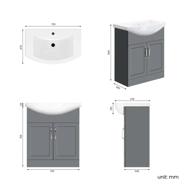 Capri Fog Grey Vanity with Semi Recessed Basin 750mm - Traditional Handles