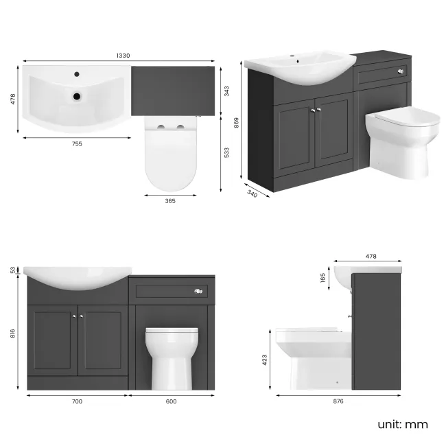 Capri Slate Grey Combination Vanity Basin and Miami Toilet 1350mm - Chrome Handles
