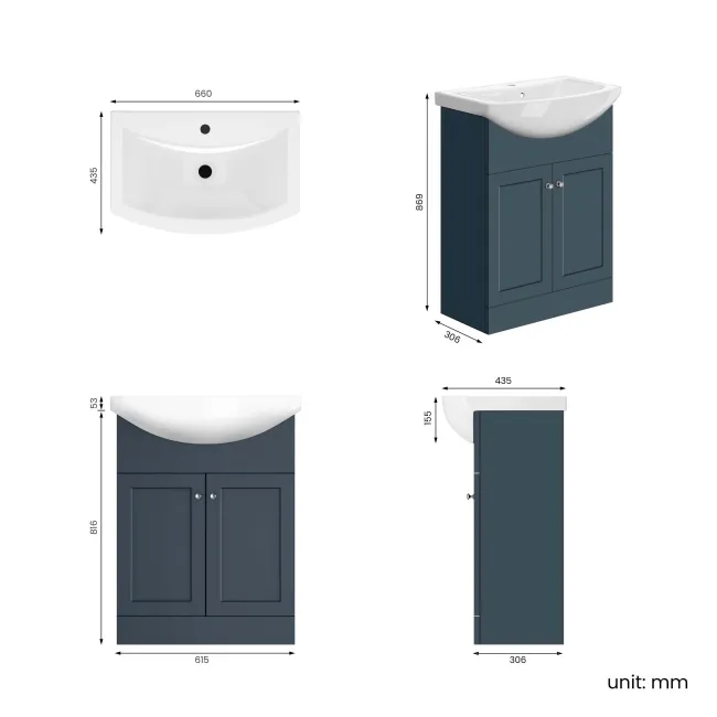 Capri Navy Blue Vanity with Semi Recessed Basin 650mm - Brushed Handles