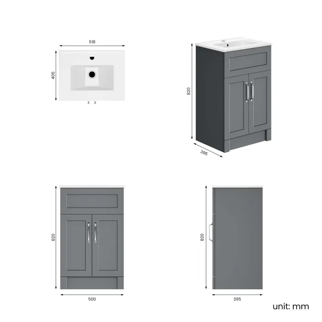 Milos Fog Grey Basin Vanity 500mm - Traditional Handles