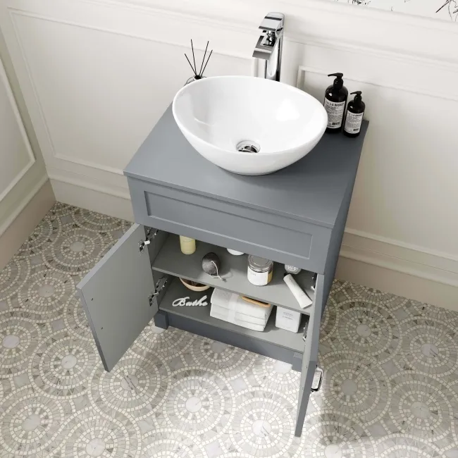 Milos Fog Grey Vanity with Oval Basin 600mm - Traditional Handles