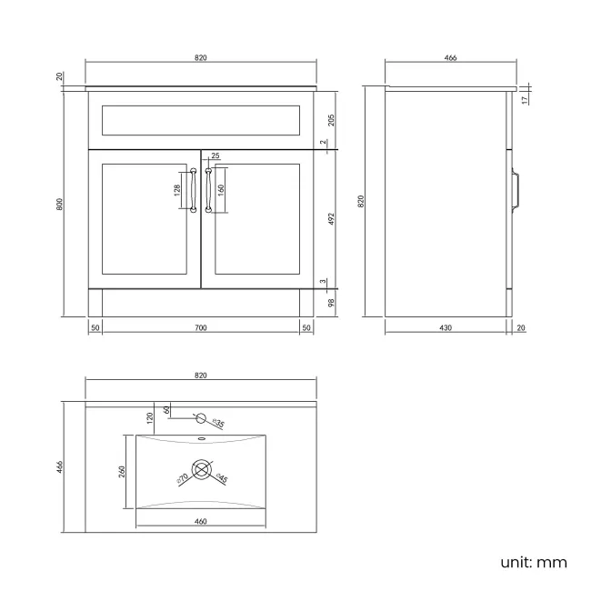 Milos Fog Grey Basin Vanity 800mm - Traditional Handles