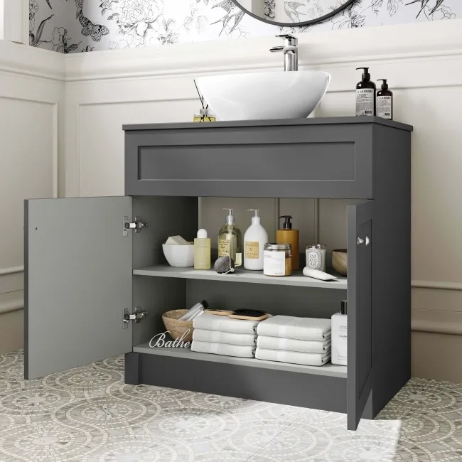 Milos Slate Grey Vanity with Oval Basin 800mm - Brushed Handles