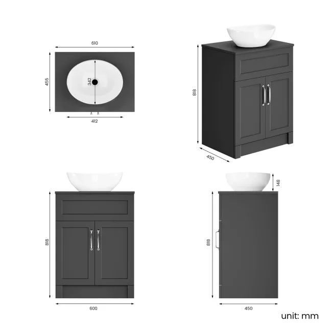 Milos Slate Grey Vanity with Oval Basin 600mm - Traditional Handles