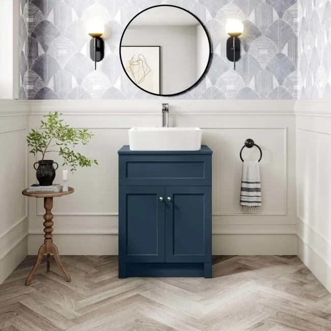 Milos Navy Blue Vanity with Troy Basin 600mm - Brushed Handles