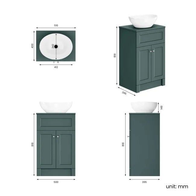 Milos Mystic Green Vanity with Oval Basin 500mm - Brushed Handles