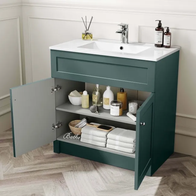 Milos Mystic Green Basin Vanity 800mm - Brushed Handles