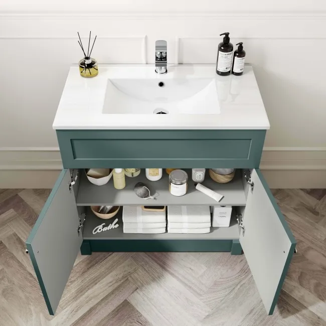 Milos Mystic Green Basin Vanity 800mm - Brushed Handles