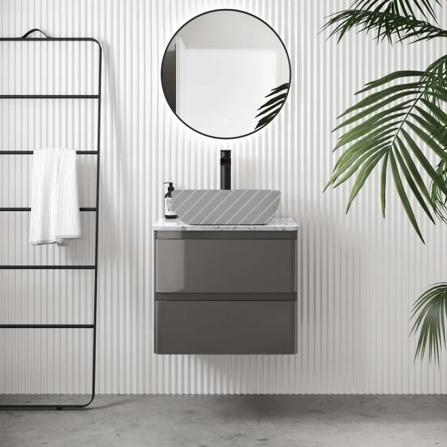 Corsica Tungsten Grey Wall Hung Drawer Vanity with Marble Top 600mm - Excludes Counter Top Basin