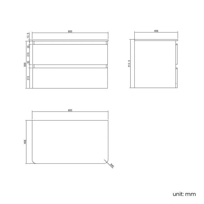 Corsica Tungsten Grey Wall Hung Drawer Vanity with Marble Top 800mm - Excludes Counter Top Basin