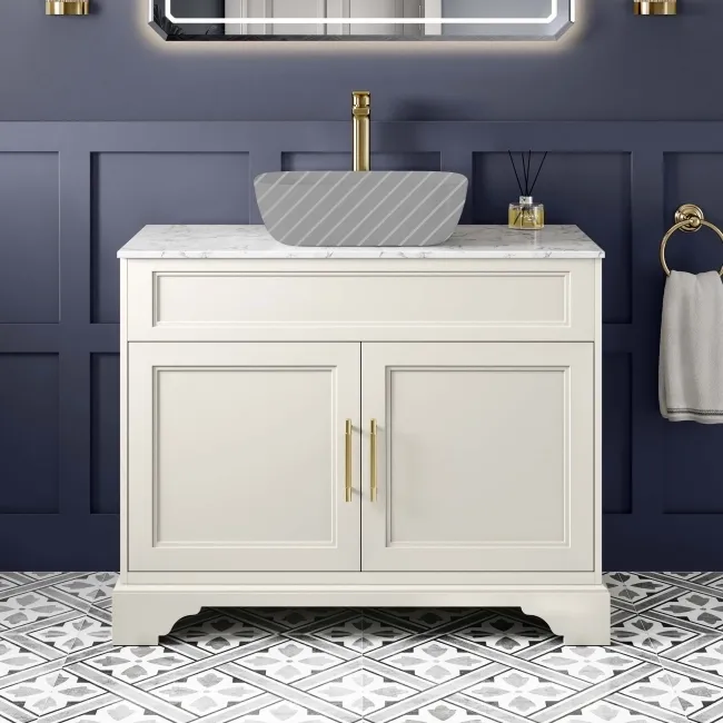 Lucia Chalk White Cabinet with Marble Top 1030mm (Excludes Counter Top Basin) - Brass Knurled Handles
